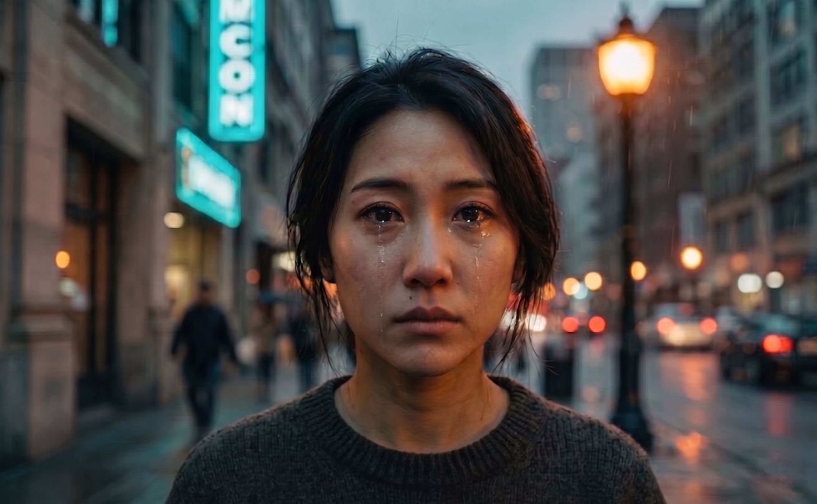 The same subject after Cinix direction — tears catching the light, shaped shadow and a cinematic teal grade