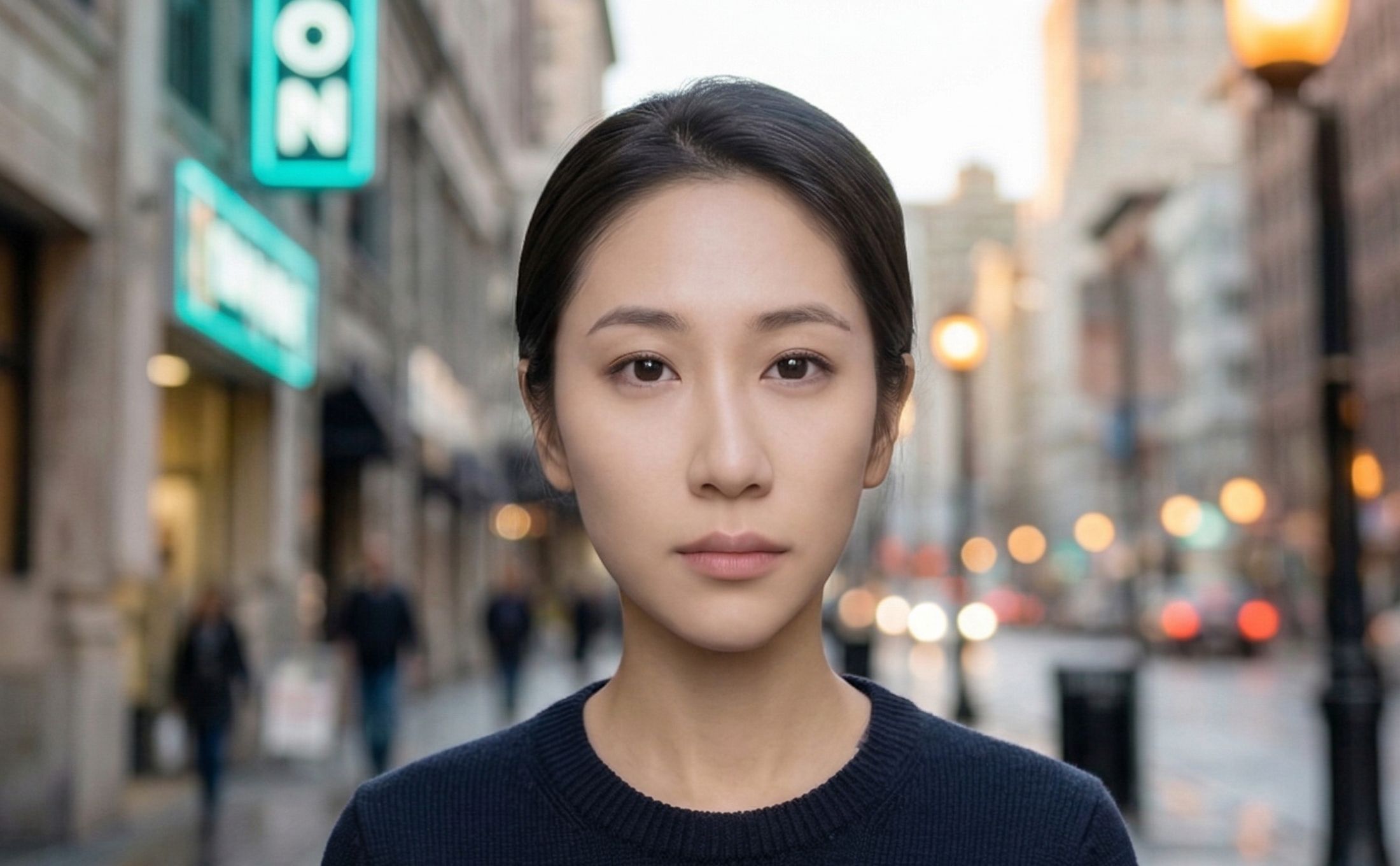 Generic AI portrait of a woman on a city street — flat even exposure, neutral expression, no grade