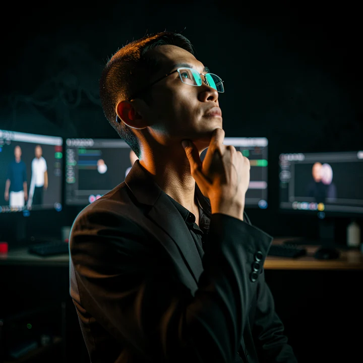 Baldwin Tan, founder of Cinix.AI, lit in cyan and amber against a bank of monitors