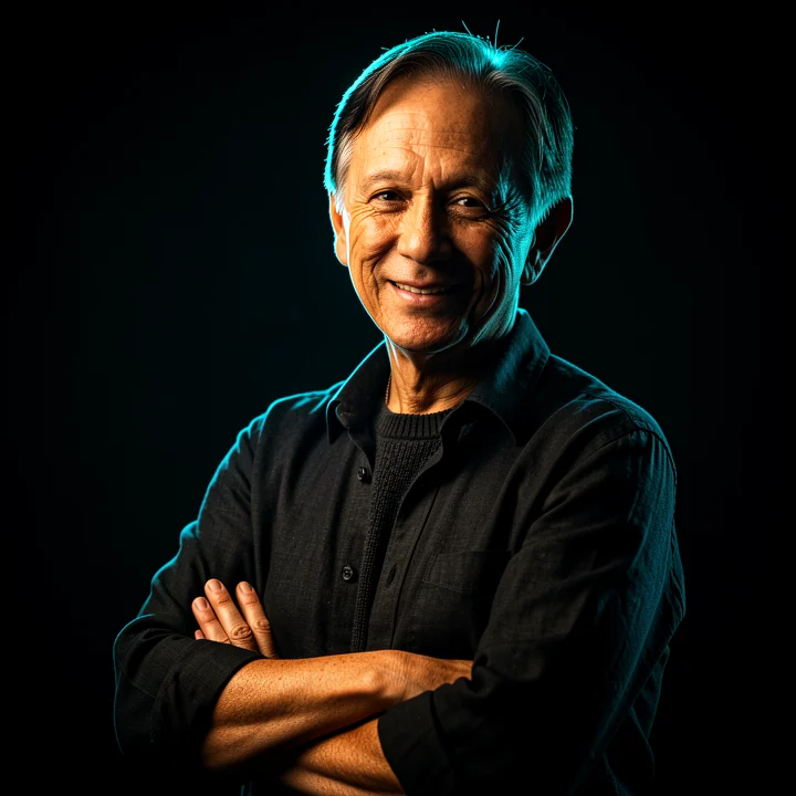 David Yap, Cinix.AI director, in a low-key studio portrait with cyan rim light