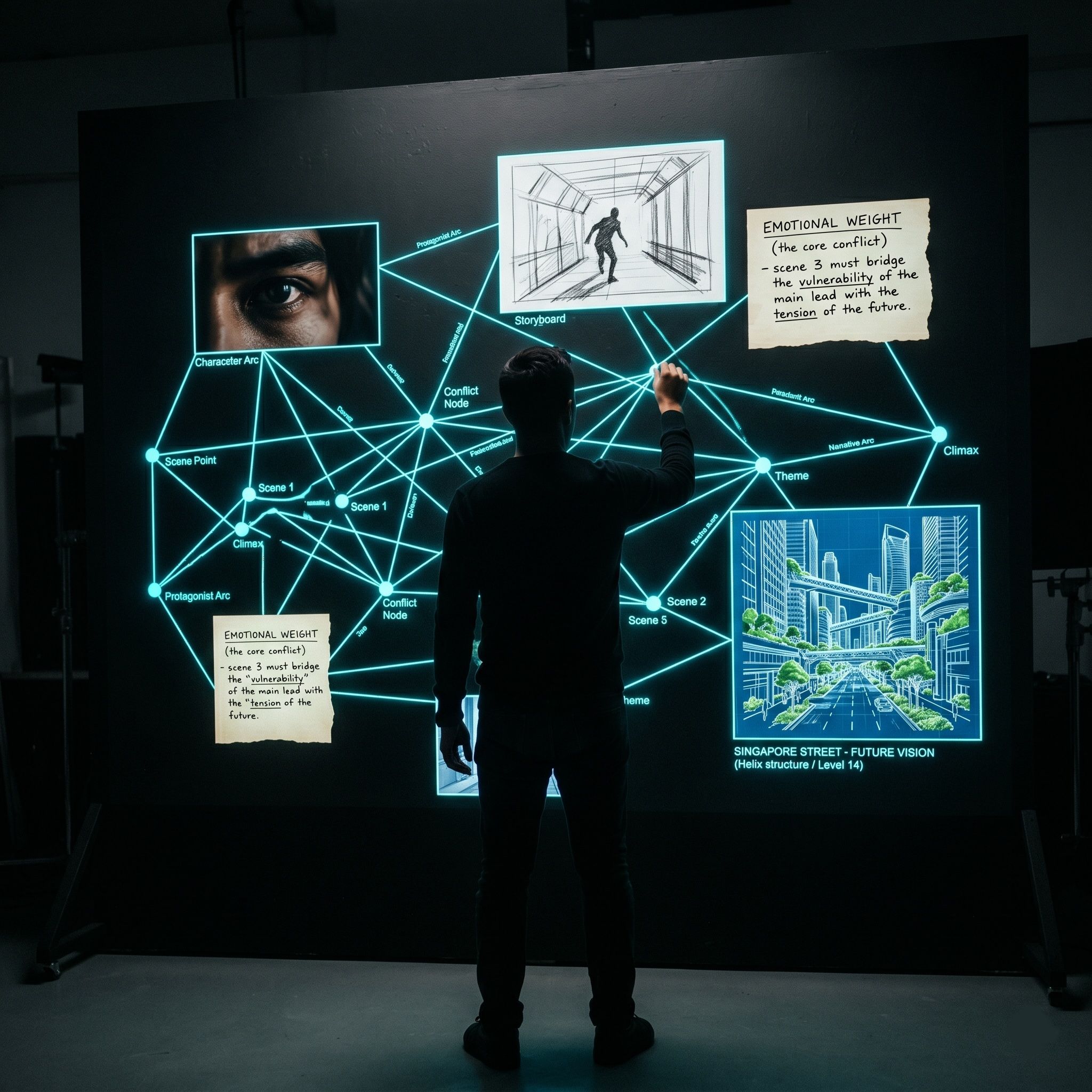 Director silhouetted against a wall-sized glowing cyan story map — character arcs, conflict nodes, storyboard panels and handwritten notes on emotional weight
