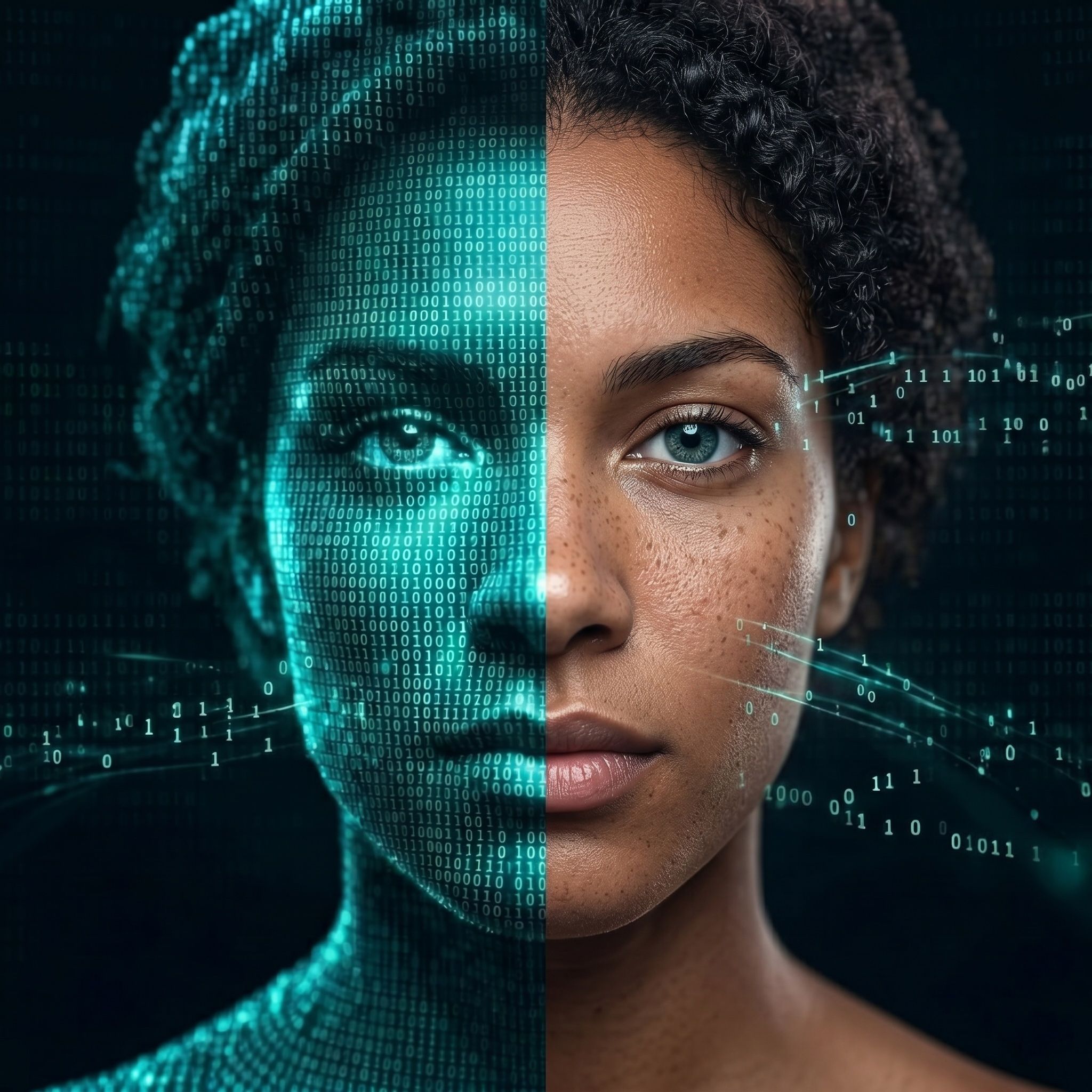 Split portrait: the left half built from cyan binary code, the right half photoreal human skin with freckles and catchlight