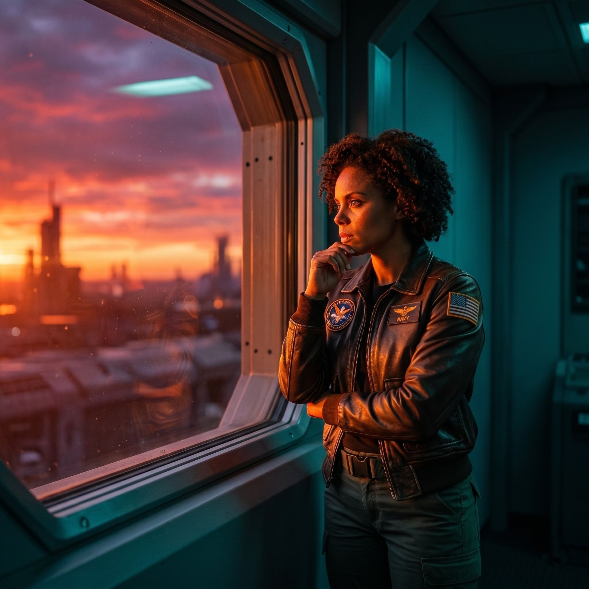 Graded frame of a woman at a window, teal interior light against a burnt-orange city sunset outside