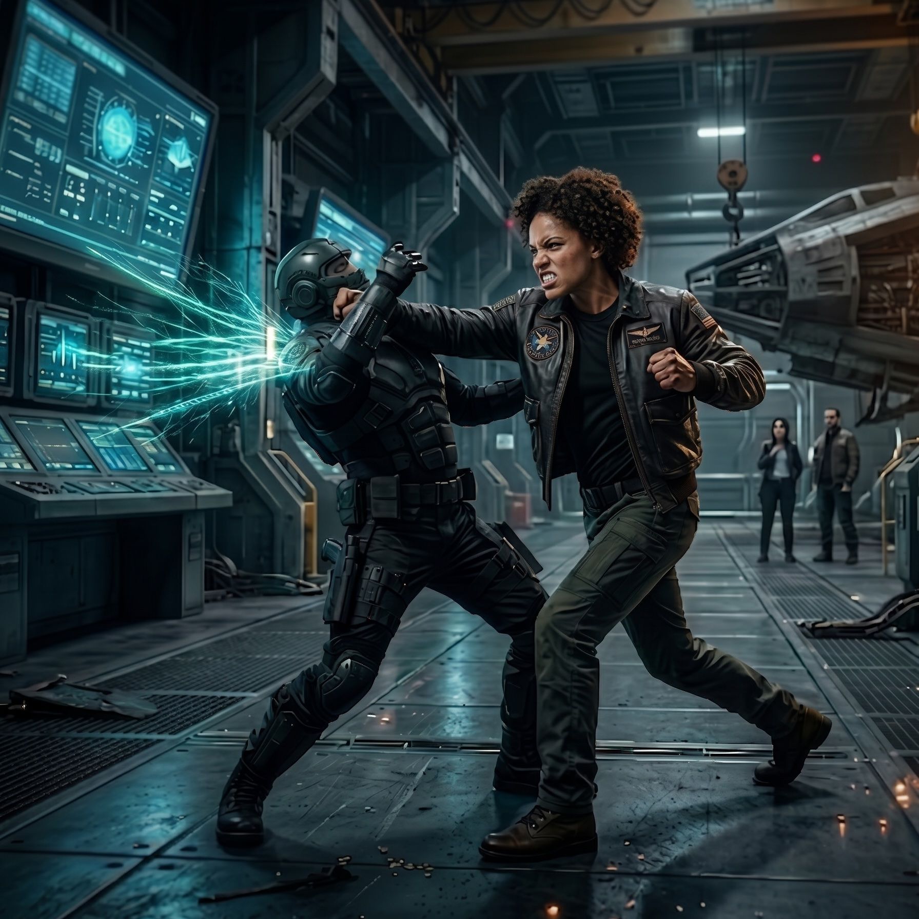 Finished action frame in a hangar interior — a lead character mid-strike against an armoured figure, cyan energy burst lighting the set